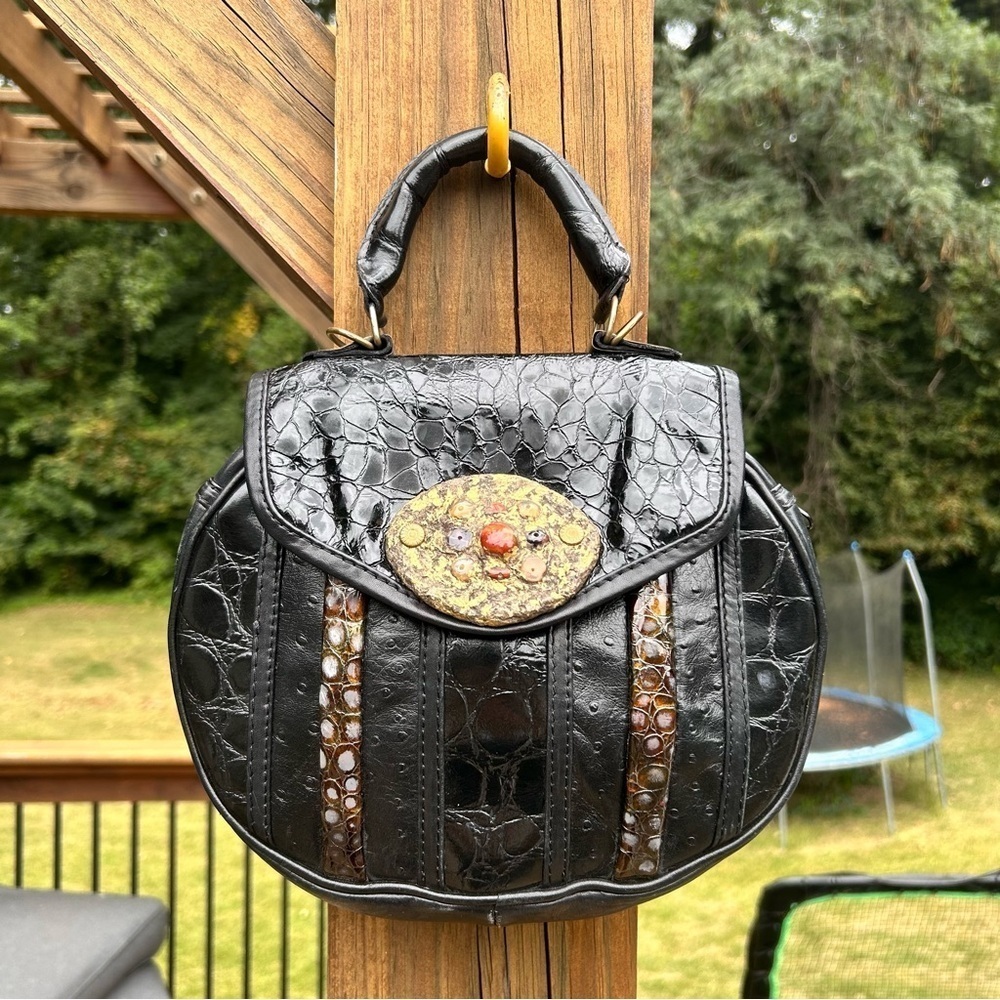 Vintage artisan crocodile ostrich embellished medallion handbag